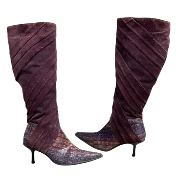 Romenni 80s Vibe Elegant Knee-High Kitten Heel Pointed Toe Boots Suede Snake 36 - Picture 1 of 15